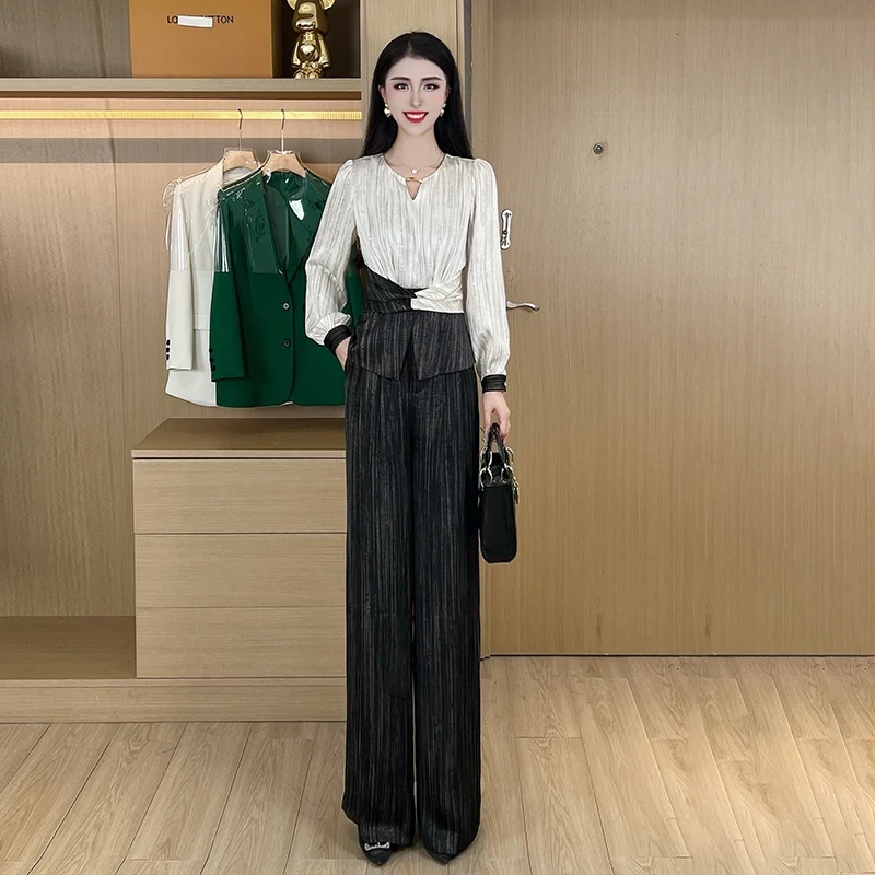 2025年春季新款长袖衬衣法式独特气质小衫套装上衣+裤子