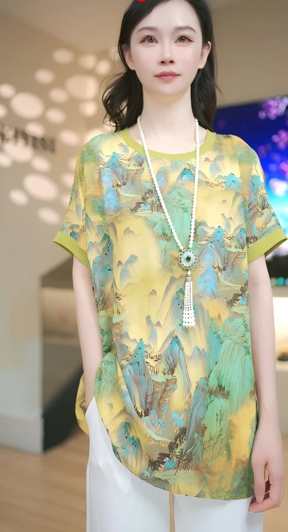 高山流水夏季极简风减龄优雅轻奢时尚百搭与质圆领休闲上衣宽松