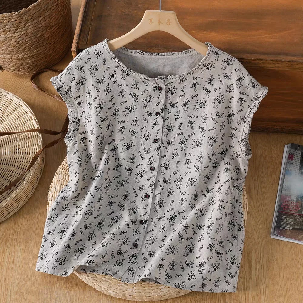 1311夏季新款碎花坎肩圆领木耳边无袖纯棉衬衫
