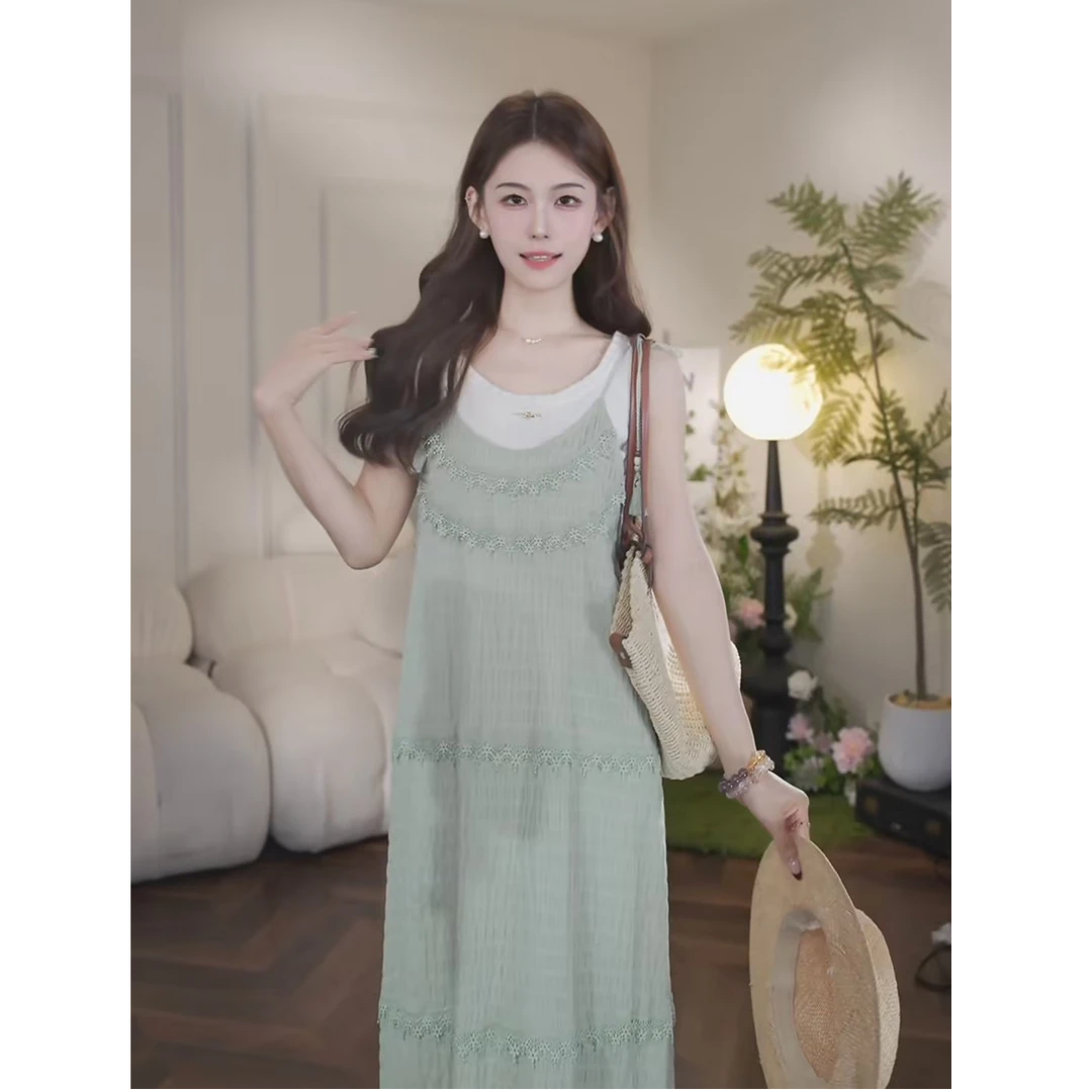 鹿向南【恰好时光】简约绑带花边无袖吊带连衣裙设计感DYL661721