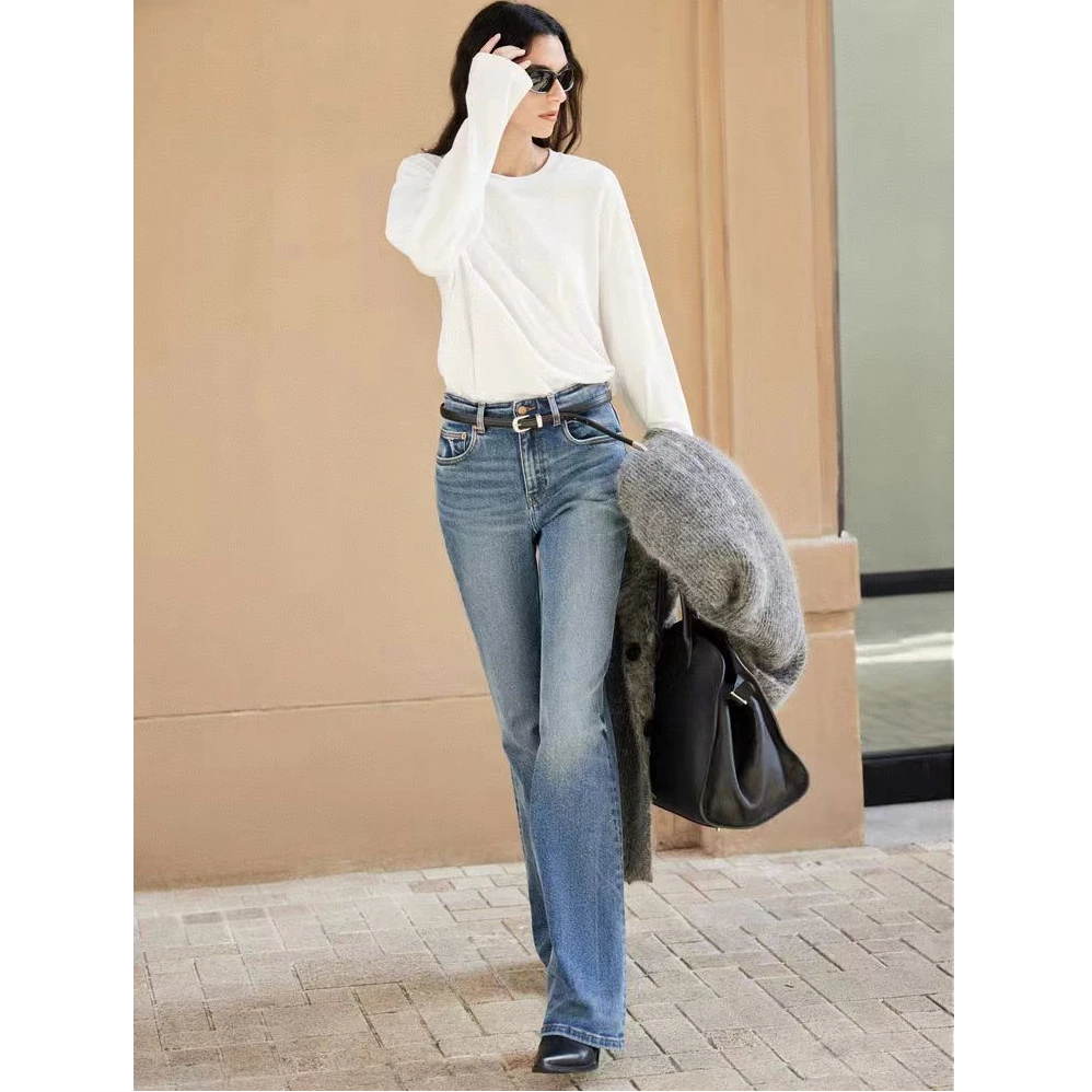 【商场同款】牛仔裤德绒2025早春新品棉质洗水蓝色复古喇叭裤长裤