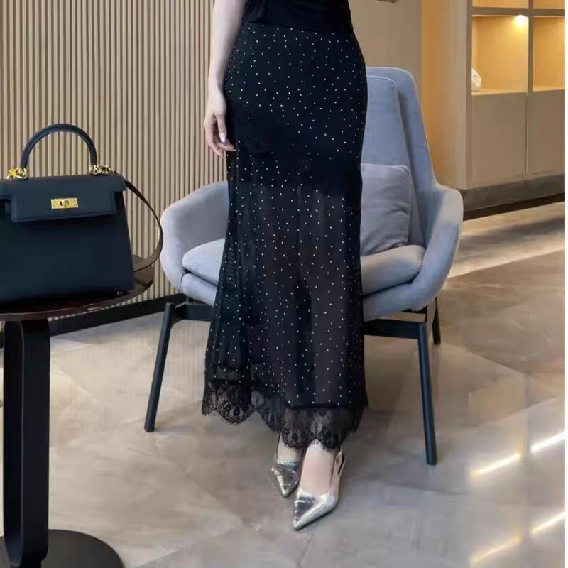 高腰蕾丝拼接设计感法式波点洋气半身裙A12049