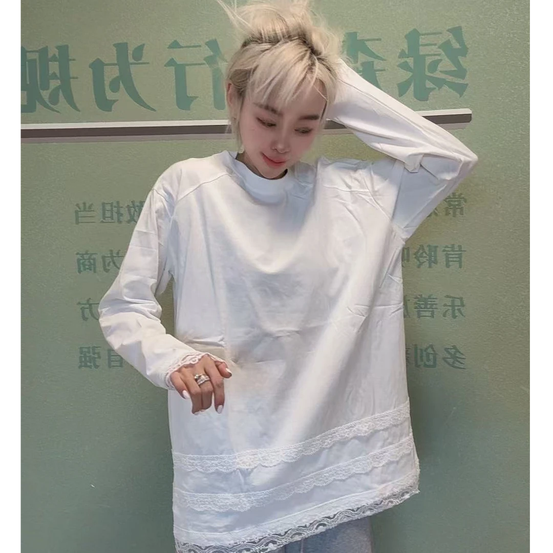 流行款蕾丝花边大白T