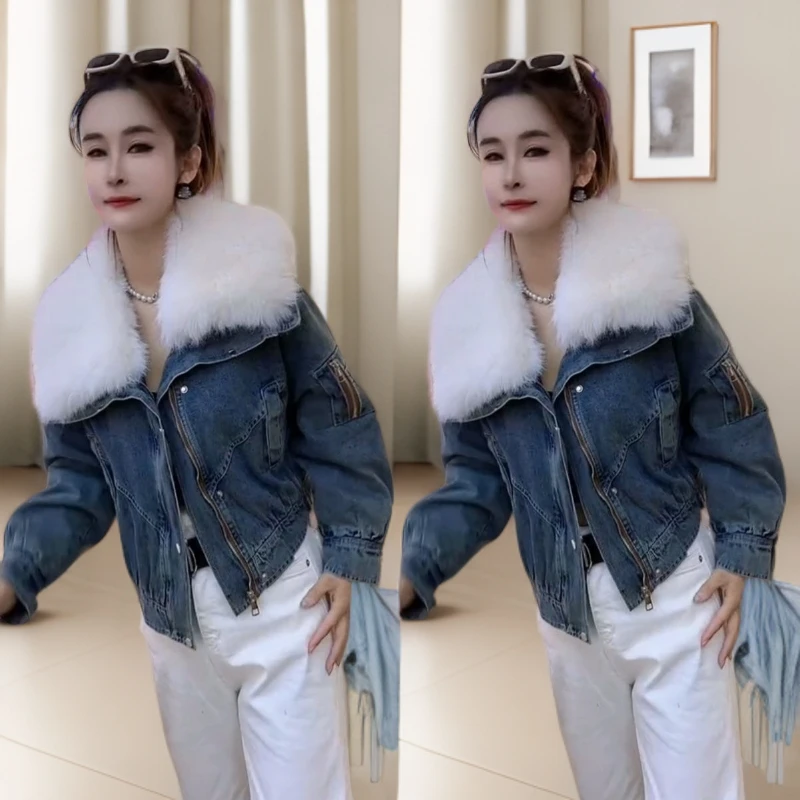 冬季新款加厚保暖洋气大毛领牛仔外套洋气爆款潮流女女款短款百搭
