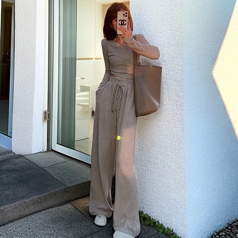 高级感慵懒风套装女修身长袖上衣高腰阔腿长裤两件套秋冬W0565T
