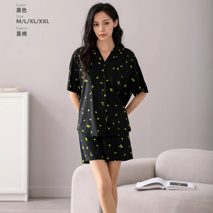 舒适时尚休闲黑色夏季女士印花薄款居家睡衣套装83251