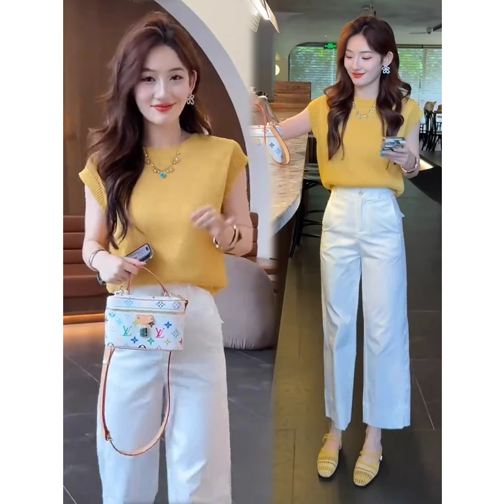 时尚套装女2025夏季新款时髦洋气冰丝针织上衣直筒阔腿裤两件套潮