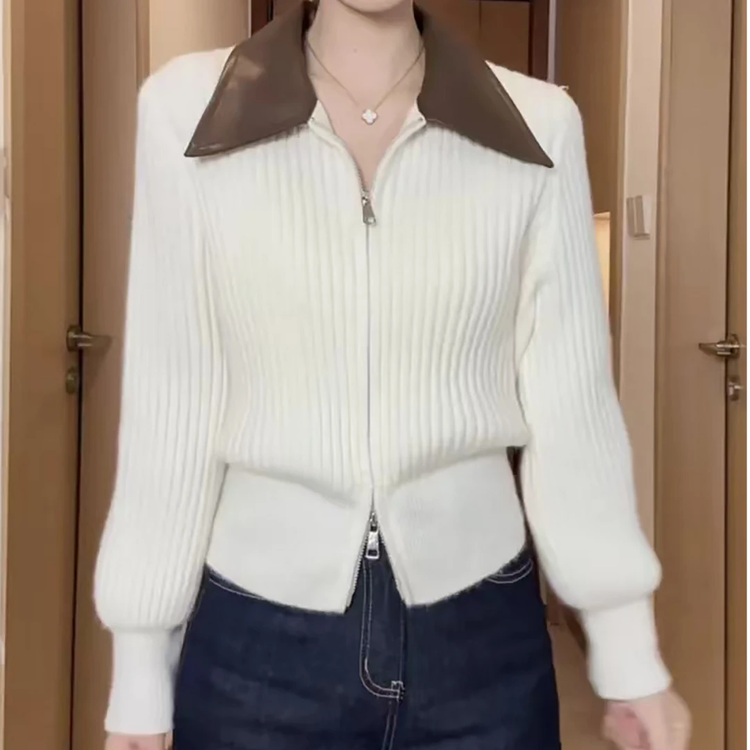 纯色POLO领毛衣女士双拉链秋季爆款时尚洋气软糯针织开衫短外套