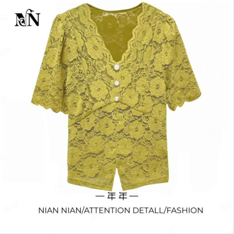 〖烟水琉璃〗年年2025春季新款V领蕾丝衫女修身显瘦短袖上衣洋气