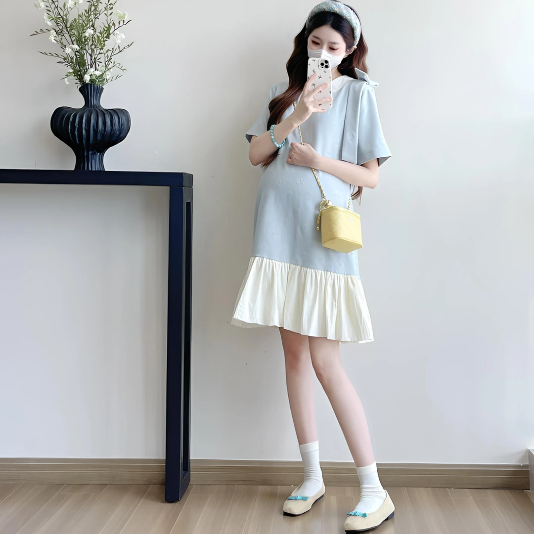 2025孕妇夏季立体显瘦浮雕花朵拼接甜美减龄气质连衣裙