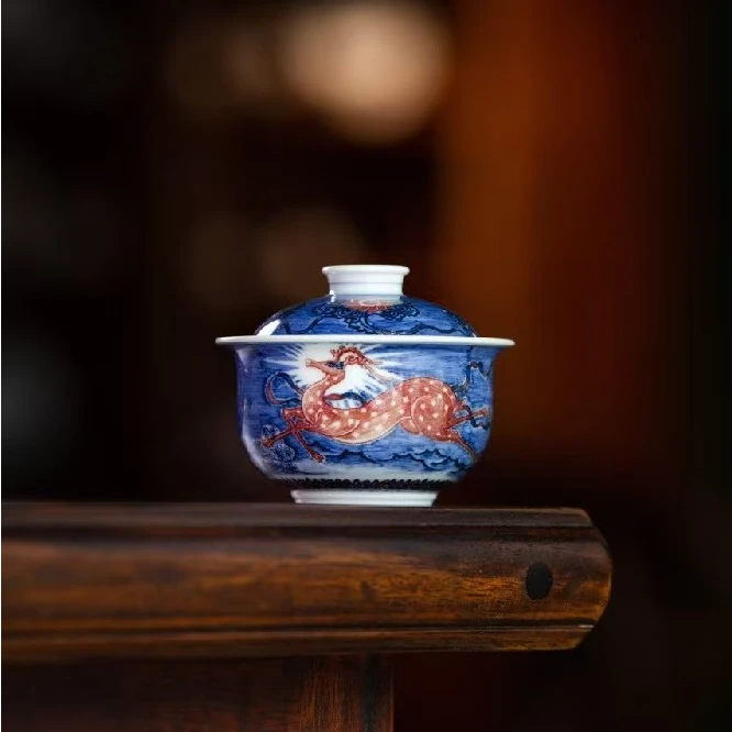 勤义堂青花釉里红九色鹿盖碗纯手工手绘中式复古名窑陶瓷大盖碗