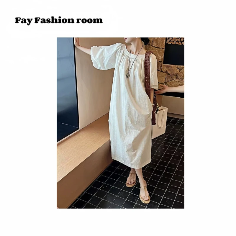 FAY | 法式圆领抽褶泡泡袖纯棉宽松连衣裙