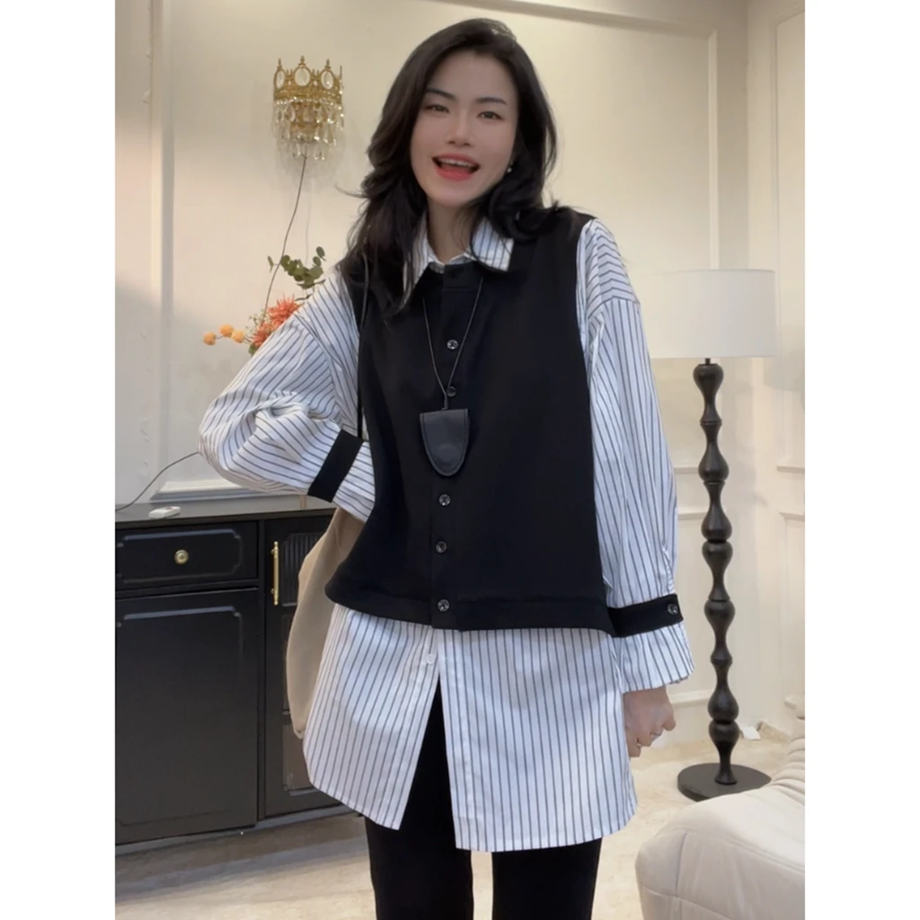 【空间感】假两件拼接马甲背心衬衫大码早春新款宽松上衣女中长款LY