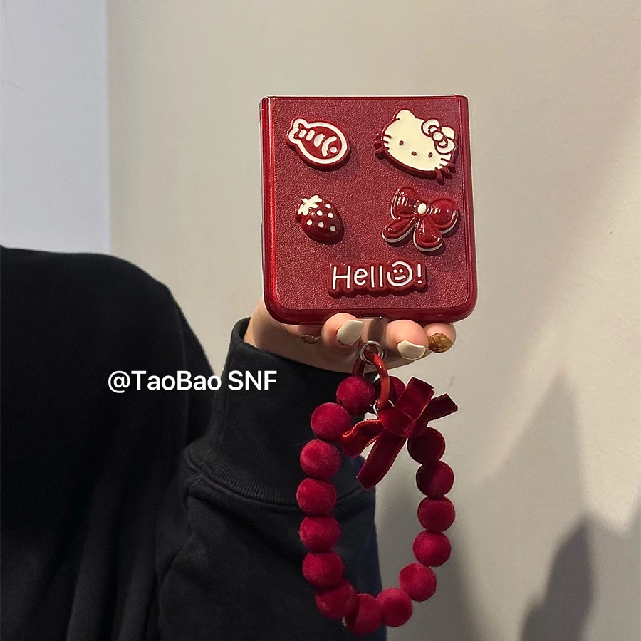 酒红草莓kitty猫适用小米MIXFlip华为Pocket2手机壳FindN3Flip