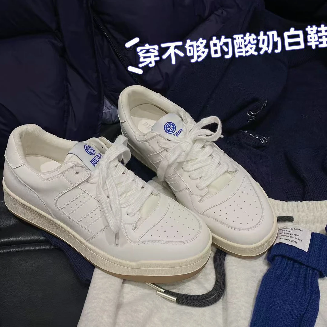 小煎饼专享-【情侣款酸奶小白鞋】头层牛皮跟高4cm棒球队长BQ89233