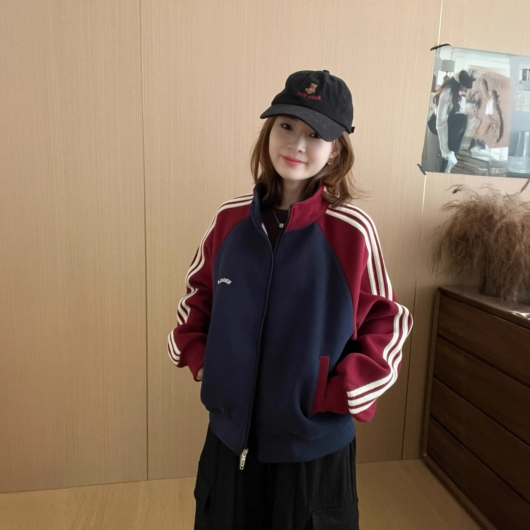 运动风开衫卫衣外套女2025秋季新款拼色减龄加厚爆款条纹夹克上衣