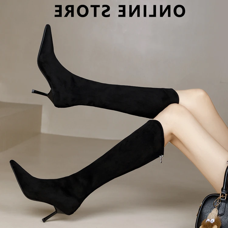 2025秋冬新款不过膝法式尖头细跟高筒靴长靴女性感弹力高跟瘦瘦靴