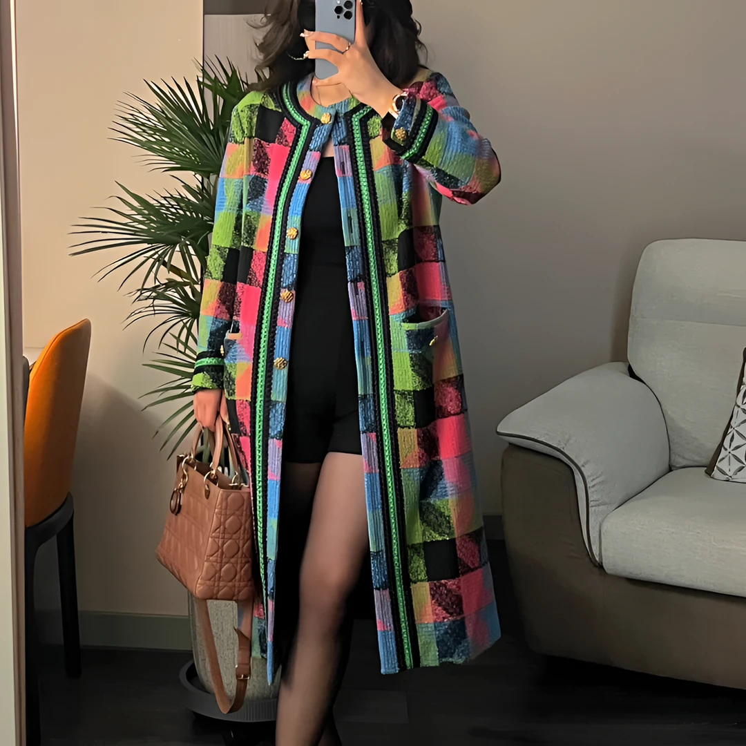 99新 GUCCI/古驰 2504222/40码/条纹封边拼色粗花呢长款大衣