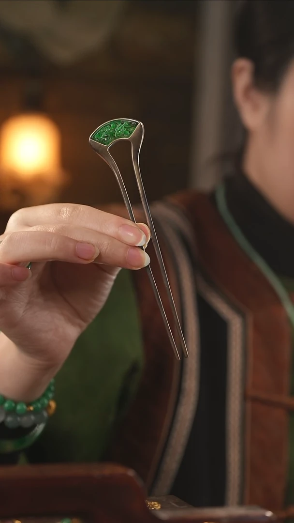 银S925镶嵌摆件翡翠925银翡翠发簪摆件