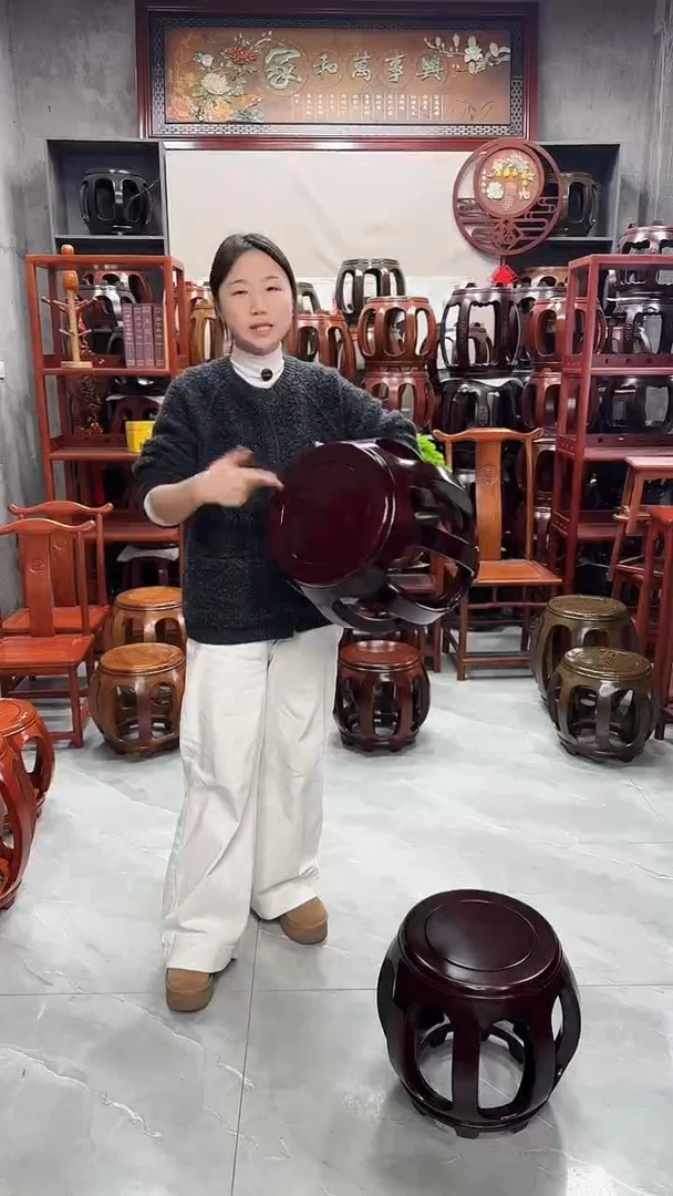 花梨木类家具酸枝色大号鼓凳一对（两条）