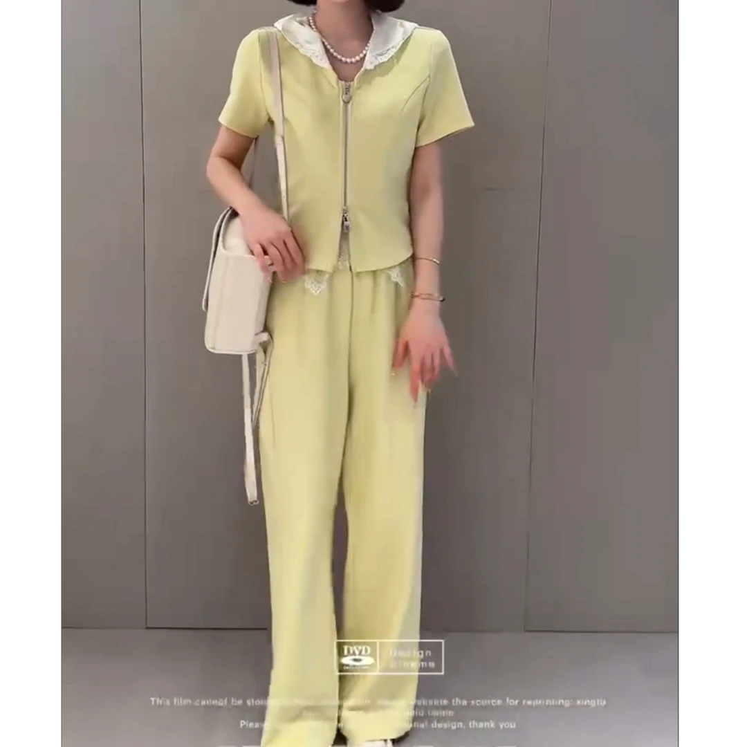 322 时尚减龄连帽蕾丝拼接短袖上衣搭配直筒裤套装