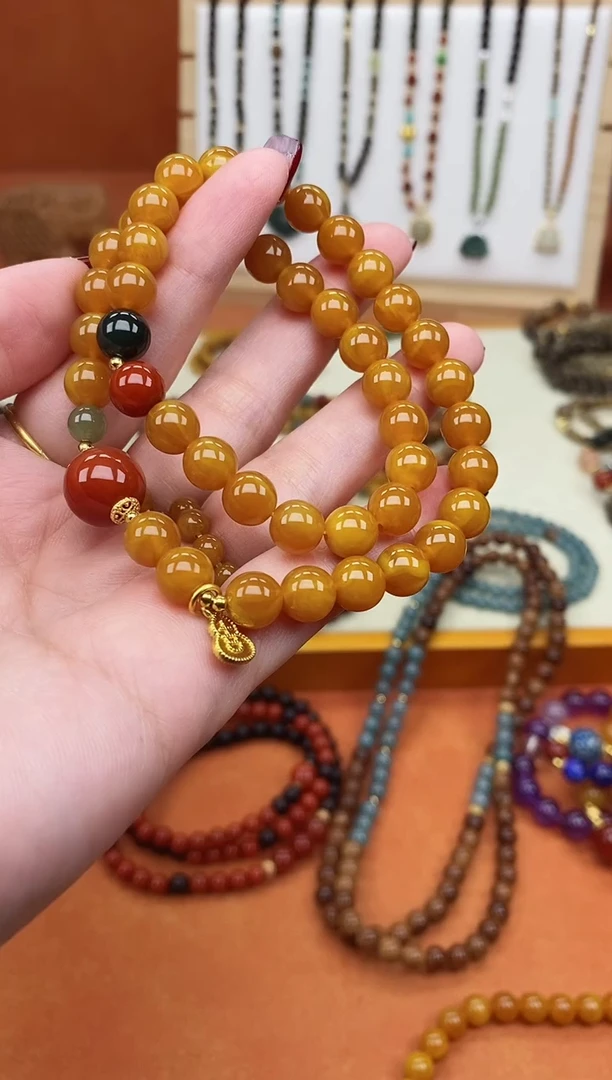 手链蜜蜡未镶嵌双圈蜜蜡和田南红手串