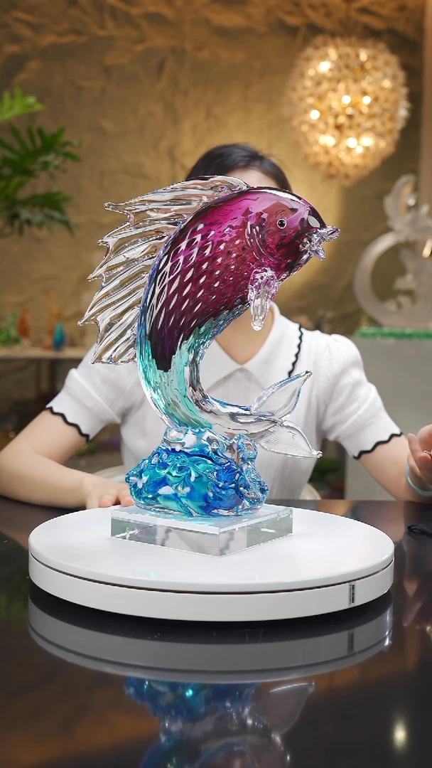 琉璃手工艺品@****）设计款金红蓝鱼摆件带底座专属价