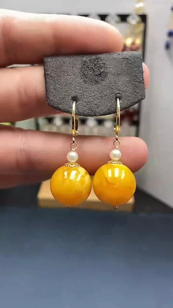 【闪购商品】蜜蜡耳饰银S925镀金镶嵌尺寸16mm耳扣06