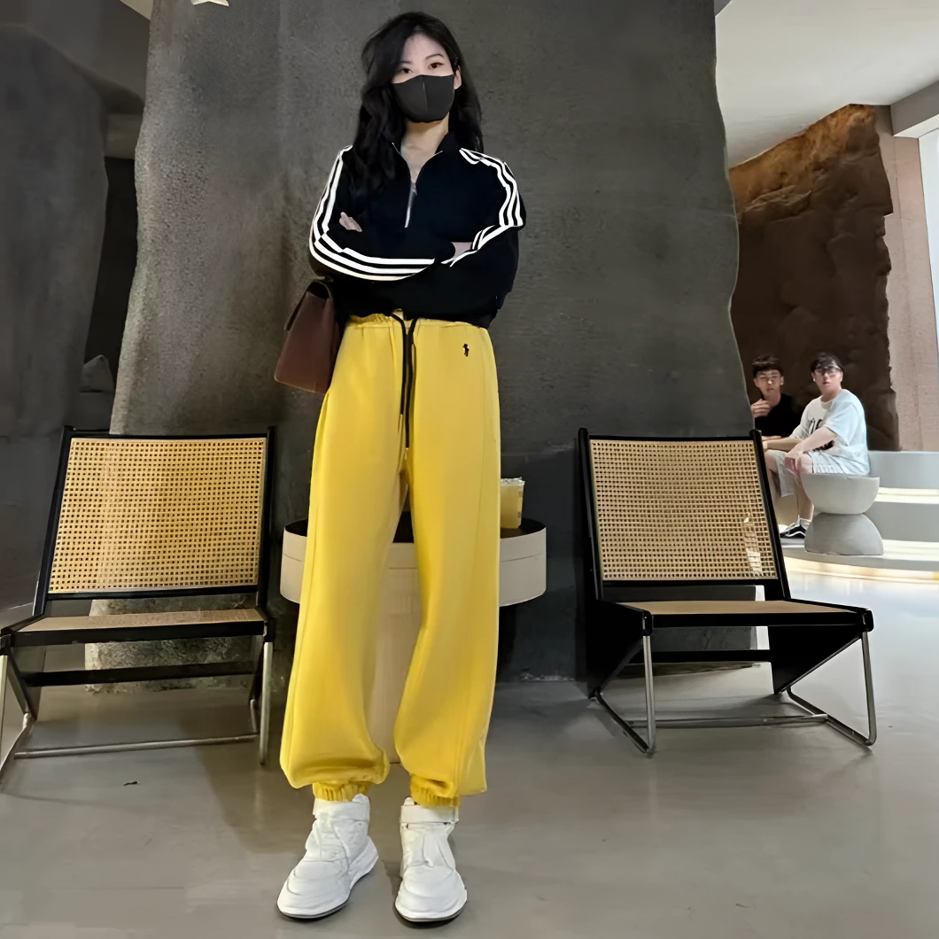 2025秋季新款时尚高腰刺绣松紧腰显瘦束脚裤女宽松休闲裤运动卫裤