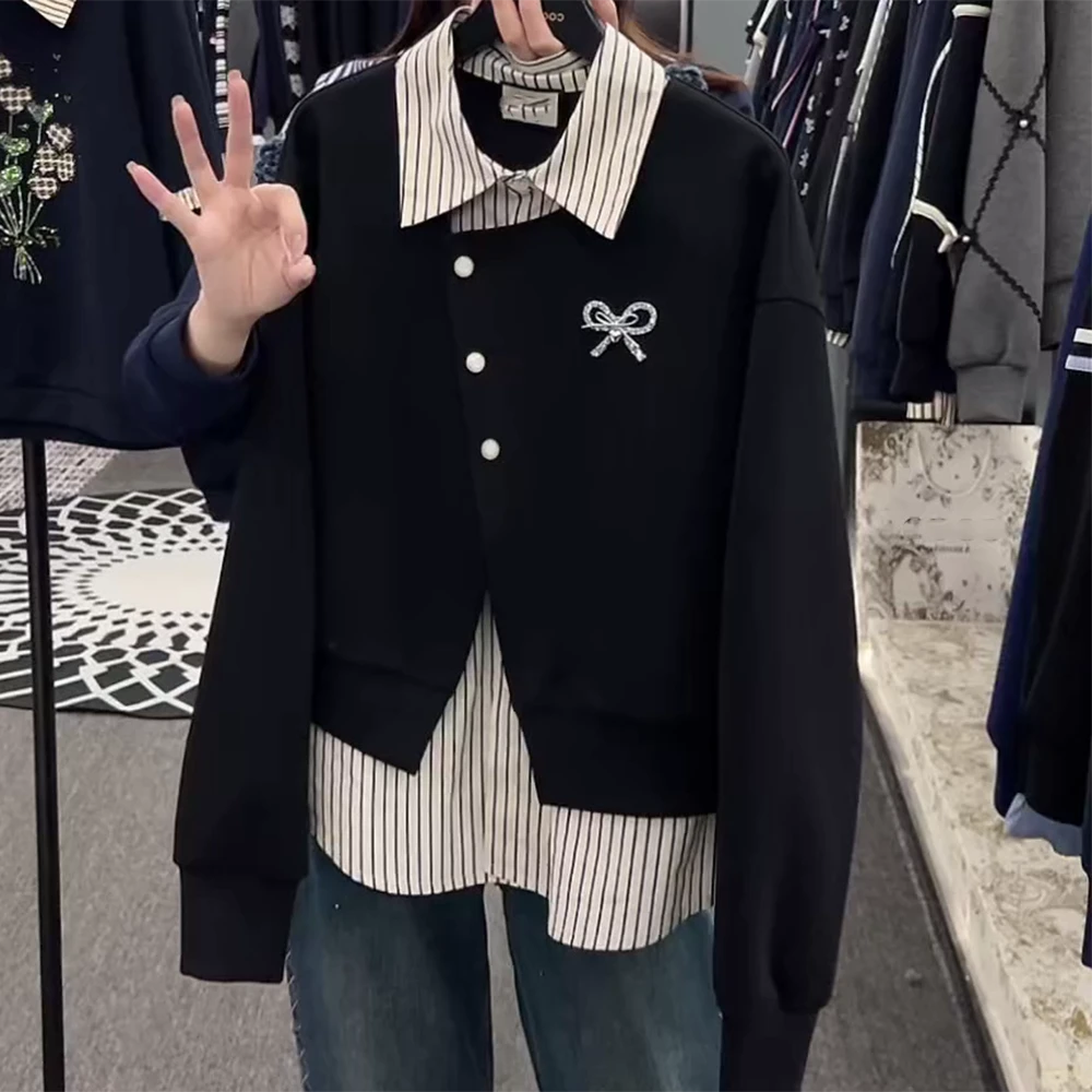 新款秋冬季时尚高级感女装拼接重工假两件显瘦减龄长袖卫衣C6320