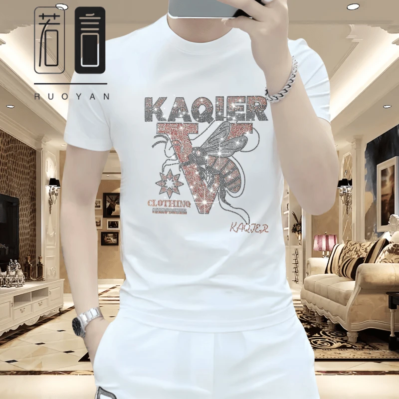 男士时尚休闲夏季潮流运动白色百搭圆领修身高档烫钻冰丝短袖T恤