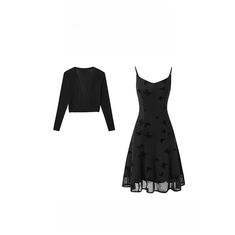 YUNYE/云烨【夜蝶织梦】植绒吊带网纱小黑裙防晒薄款外套两件套