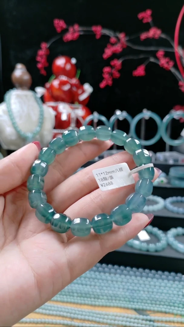 未镶嵌手串翡翠12mm冰种蓝水八棱珠手串