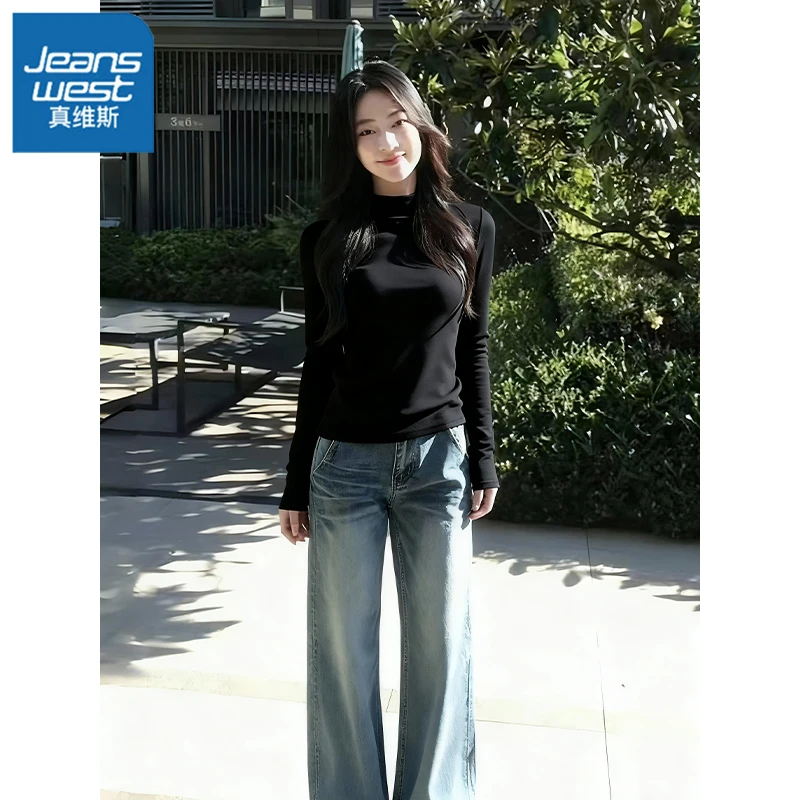 真维斯黑色半高领保暖打底衫女秋冬新款小众修身显瘦正肩短上衣X