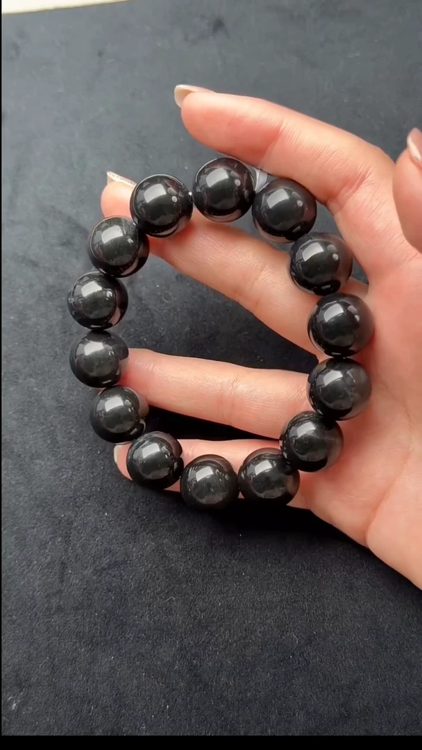 颈饰未镶嵌和田玉026-梵音-毛毛矿墨玉圆珠手串-16mm-A2697-1224