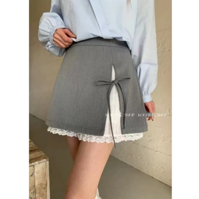 【蝴蝶结半裙】夏季新款系带蝴蝶结拼接蕾丝假两件百搭A字半身裙
