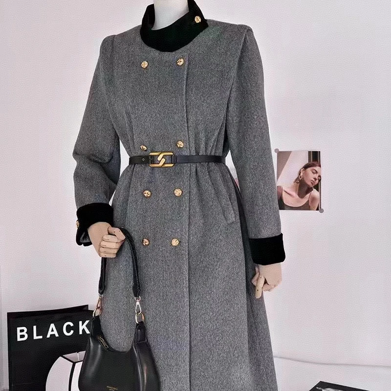 小香风高级灰夹棉加厚棉服大衣女2024冬季时尚气质中长款毛呢外套