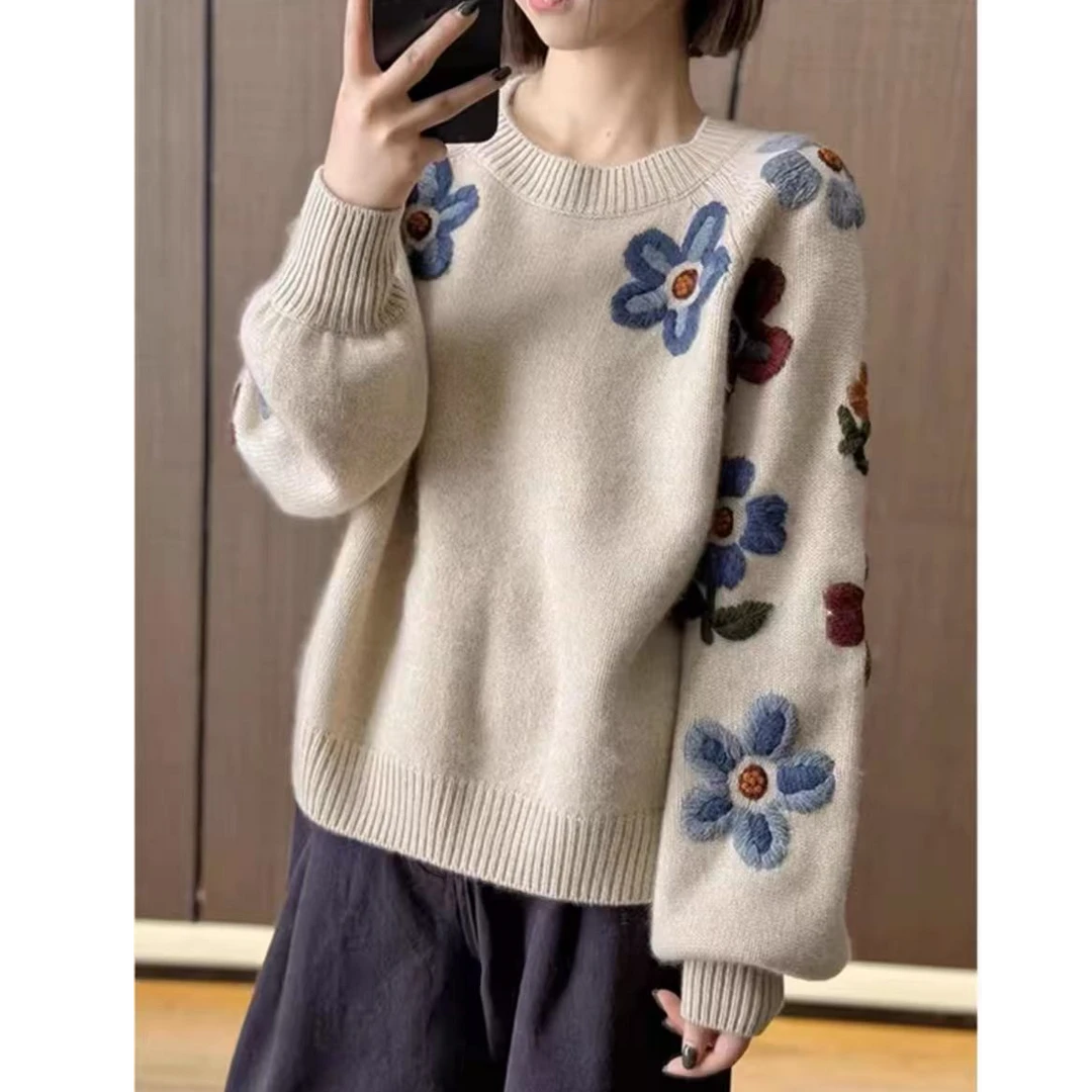 【手工太阳花】早春慵懒风设计感韩系立体花朵圆领套头针织衫女新款