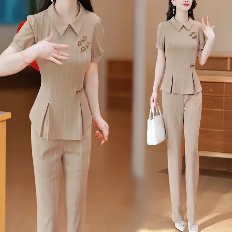 2025夏季新款时尚国风盘扣条纹短袖上衣微喇叭裤休闲显瘦两件套女