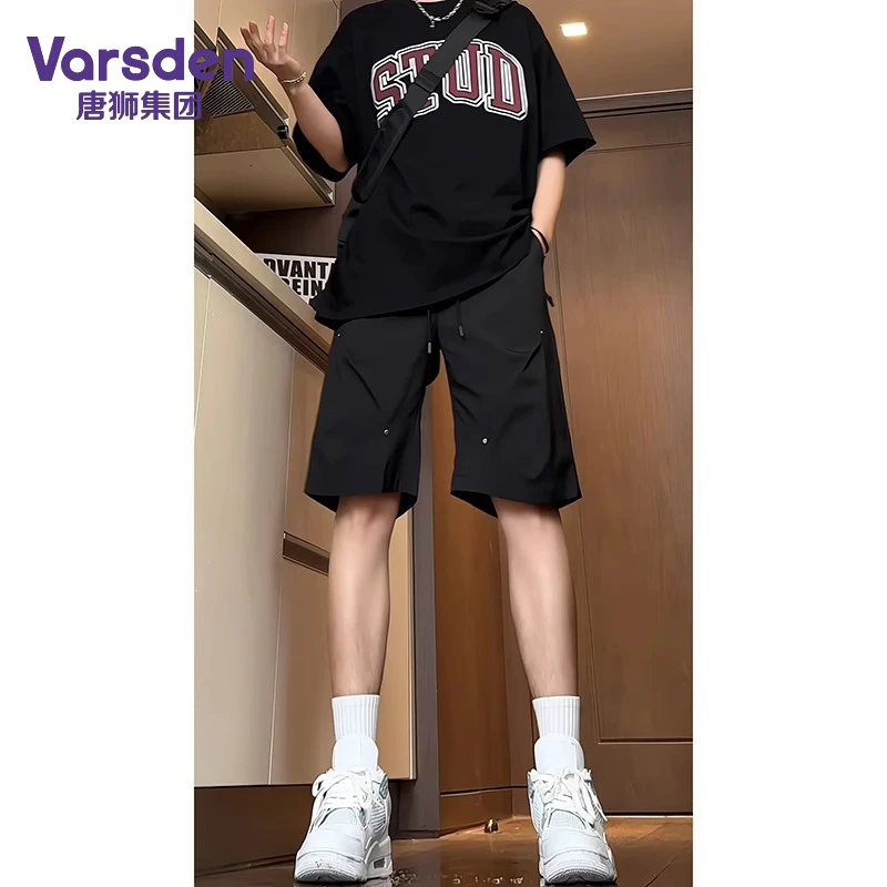 唐狮集团Varsden黑色铆钉短裤男夏季薄款美式机能vibe直筒休闲裤