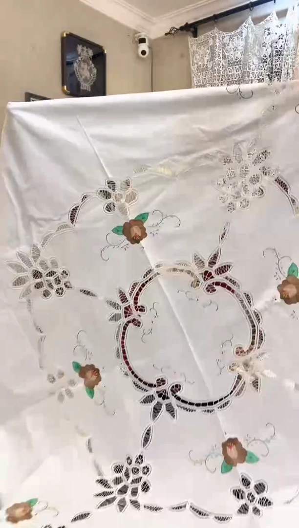 棉Z371白色棉质170cm圆手工咖色花百代丽贴布绣补花圆桌布