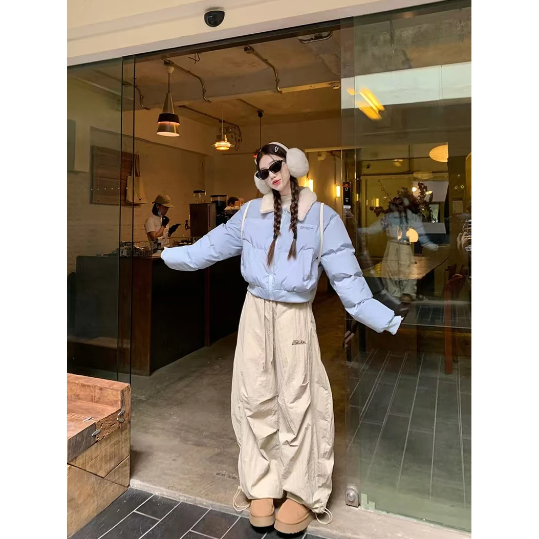 毛领拉链保暖长袖棉服外套女2025冬季新款印花棉衣裤子套装8258