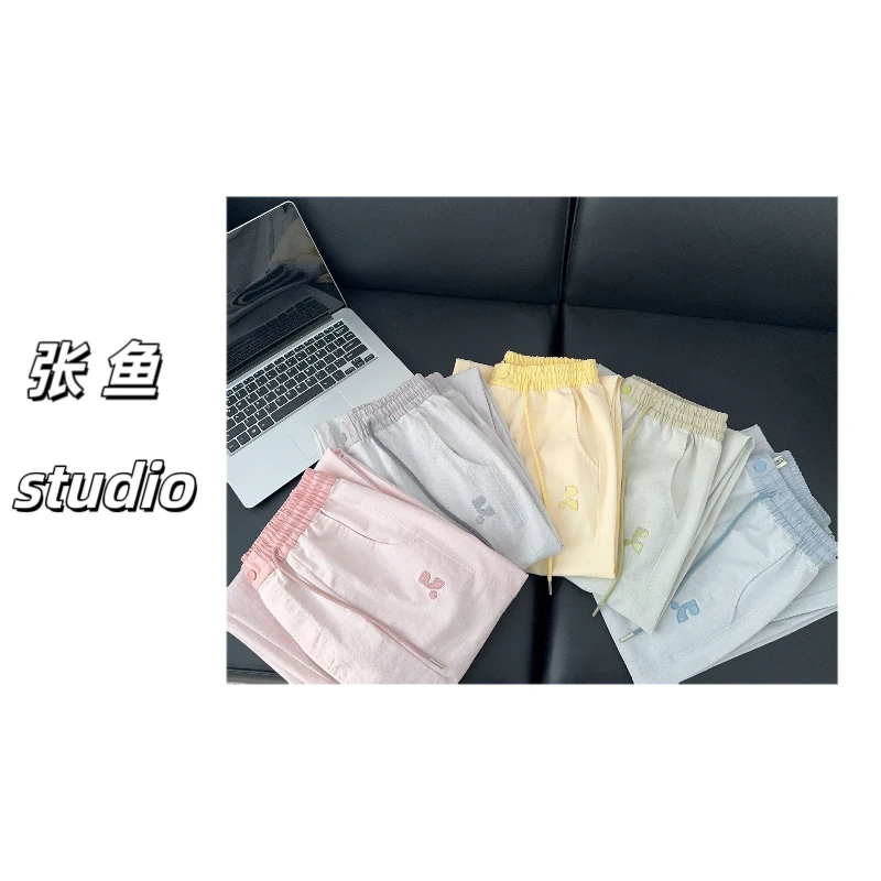 张鱼-【碰上彩虹】韩系舒适逗号立体刺绣拼色抽绳扣腰阔腿弯刀裤女