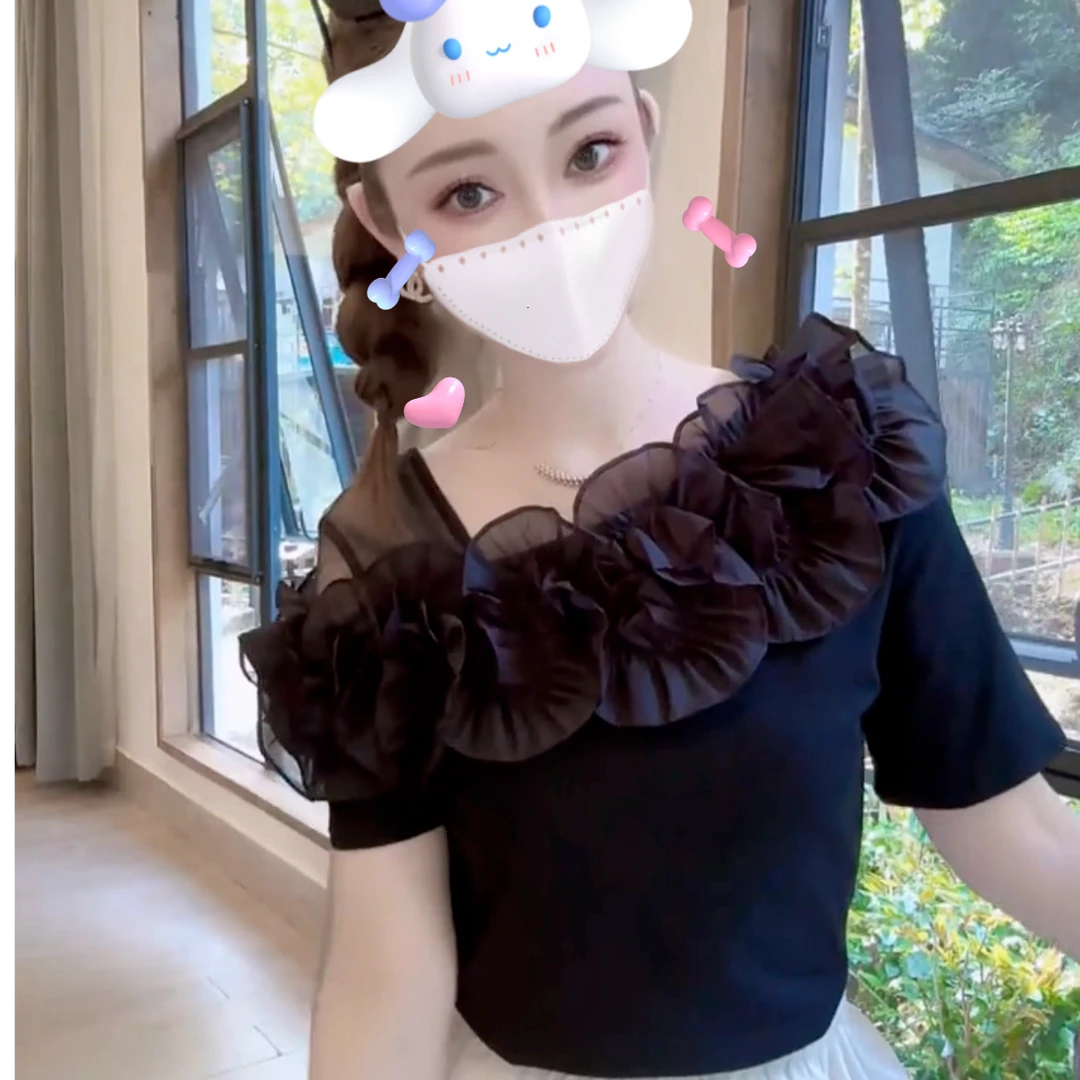 法式立体花朵短袖t恤女2025夏季新款时尚修身别致小个子减龄上衣