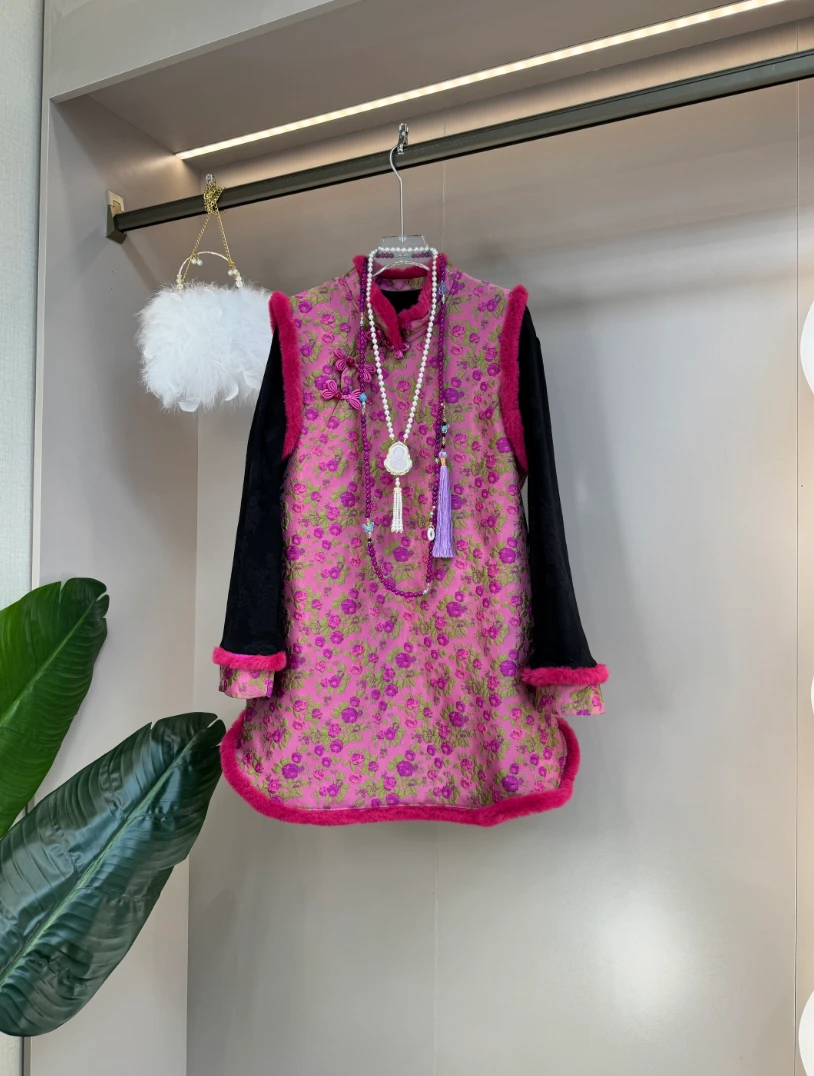 乐冬季新款大码女装新中式国风马甲裙搭配拼接拼袖衫两件套