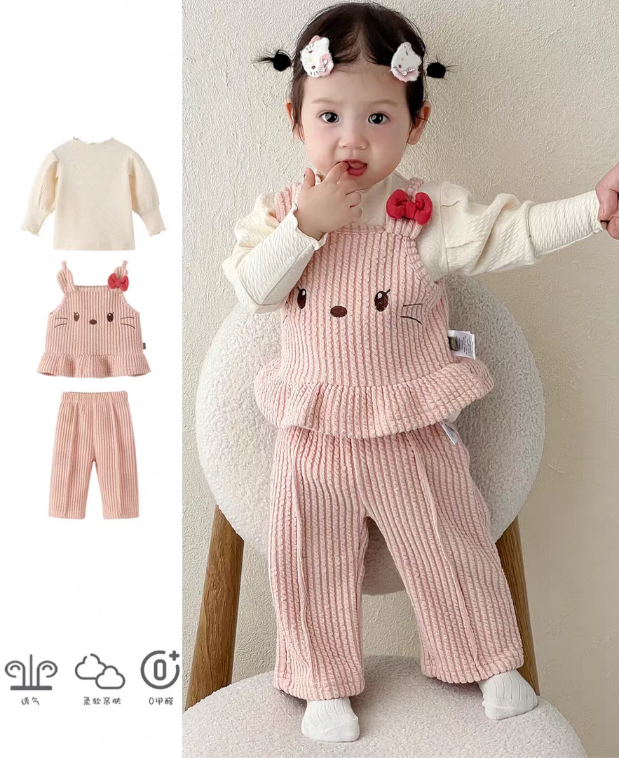 25新款韩版可爱春秋女套头休闲女宝小猫独特漂亮初秋衣服三件套