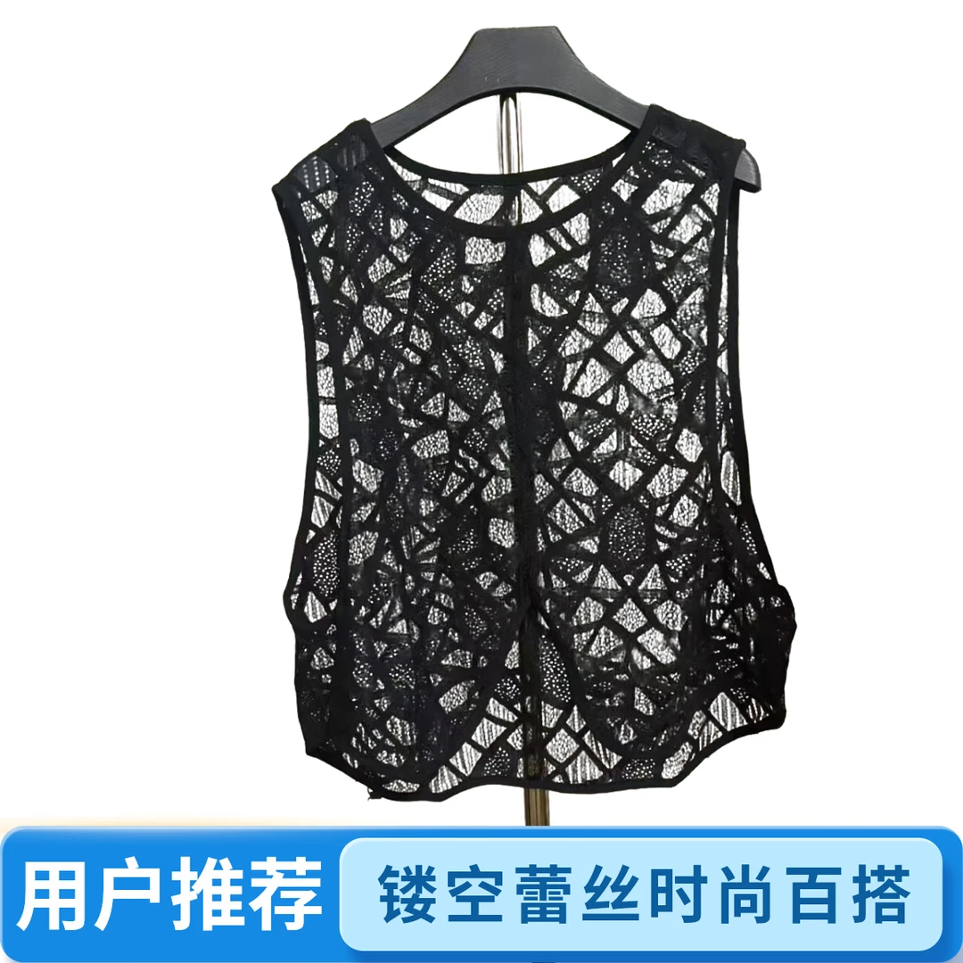 678-夏季新款黑色显瘦百搭超薄镂空开衩无袖蕾丝马甲上衣女潮