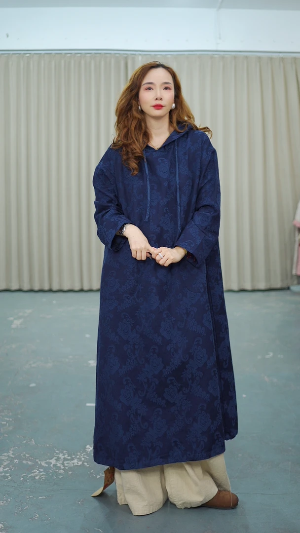 花璟与麻原创设计款复古提花连帽连衣裙（裙长115胸围126）