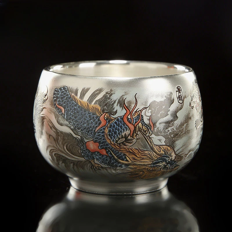 包银主人杯大师纯手绘四大神兽鎏银杯家用礼品茶杯高档养生银茶盏