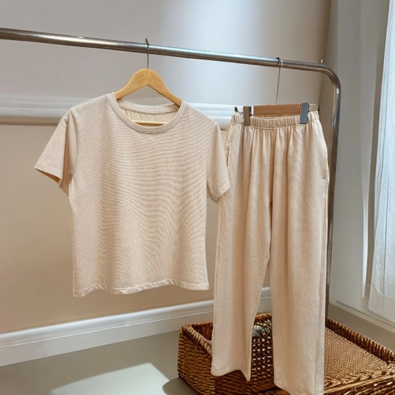 【彩棉家居服】女款夏用简约时尚短袖+长裤家居服